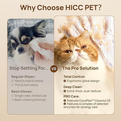 HICC PET Glove Wipes Pro – Pet Cleaning Gloves for Dogs & Cats – Infused with Coconut Oil & Plant Extracts – Hypoallergenic, Gentle, Spa-Like Care at Home, Portable 6 Pack-Coconut Scent