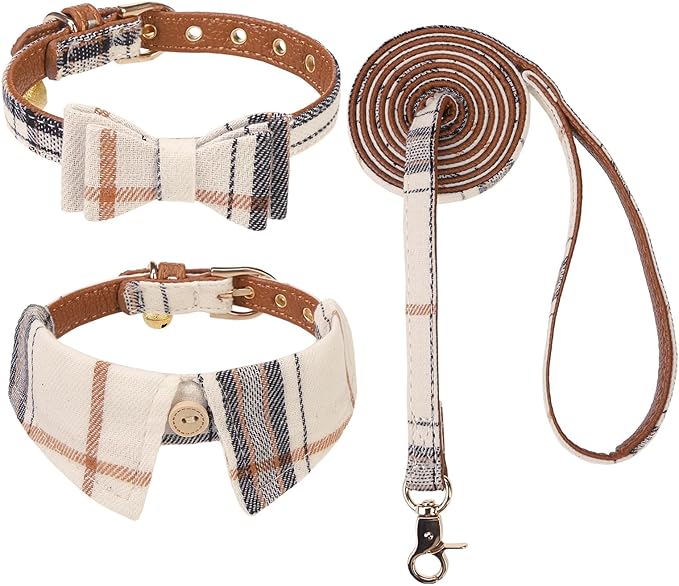 KOOLTAIL Small Dog Collar and Leash Set with Bowtie and Bells - Cute Shirt Style Puppy Bandana Collar and Leash for Male with Classic Plaid Pattern,Soft Leather Leashes for Small Dogs Boys Girls,Beige
