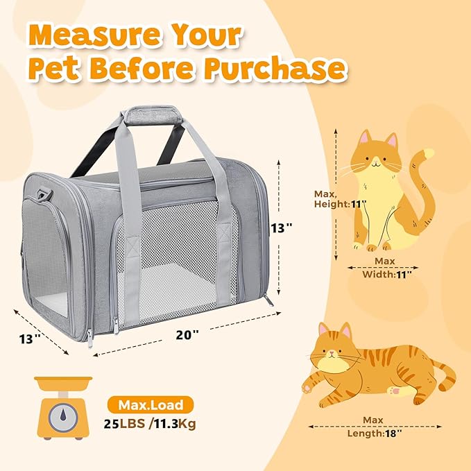 FOORLON Cat Carrier Soft for Pets Up to 25 Lbs, Cat Travel Bag Soft-Sided with Padded Shoulder Strap, Pet Dog Carriers for Small Dogs Travel Puppy Carry Airline Approved, Grey