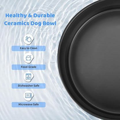 SPUNKYJUNKY Ceramics Elevated Dog Bowls with Wooden Stand Raised Dog Bowl for Medium Large Dog Food and Water Pet Feeding Bowl(Double 60OZ Bowls,Black)