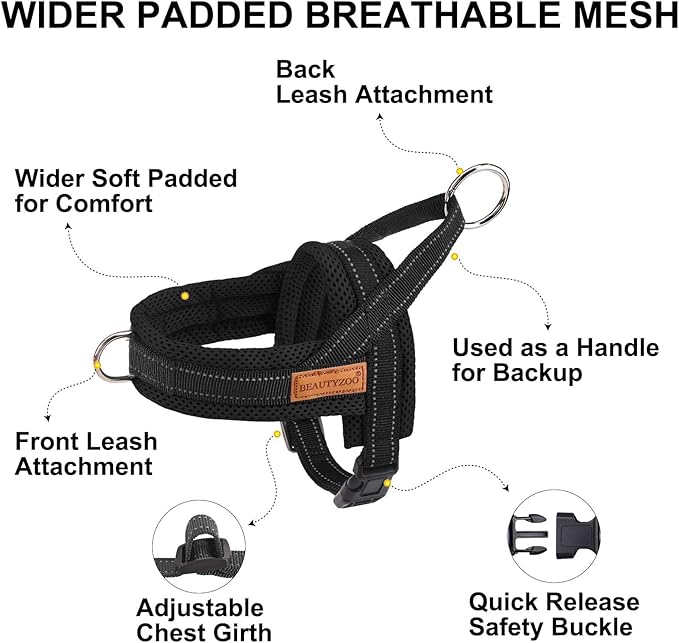 BEAUTYZOO No Pull Dog Harness Medium Sized Dog, Breathable Mesh Padded Dog Harness and Leash Set, Adjustable Reflective Escape Proof Dog Vest Harnessss Quick Fit for Training Walking, Black M
