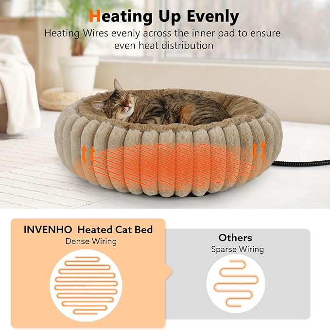 INVENHO Heated Cat Beds for Indoor Cats and Small Dogs, 20" Cozy Donut Heated Pet Bed with Timer & Temp Adjustable, Removable Waterproof Electric Warming Bed for Indoor Cat