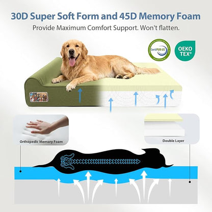 Sytopia XXL 50" Orthopedic Dog Bed – Outdoor Canvas 7" Thick Memory Foam Mattress with Pillow, Removable Washable Waterproof Liner – Ultimate Comfort for Extra Large Breed Dogs Over 100 Pounds, Green