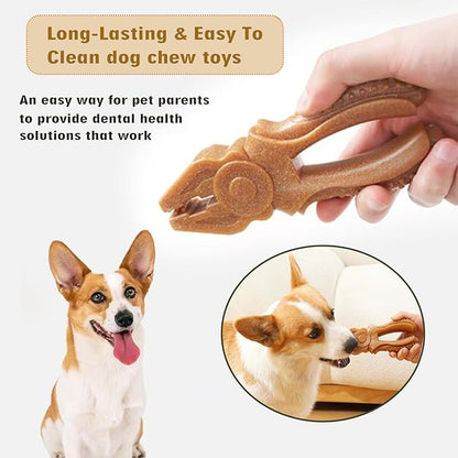 Dog Chew Toys, Aggressive chewer toy for Medium& Large dogs, Made of real pine wood and durable Food-Grade nylon, with Tool Shape Design for Dental Cleaning and Long-Lasting Chewing (brown-Pliers)