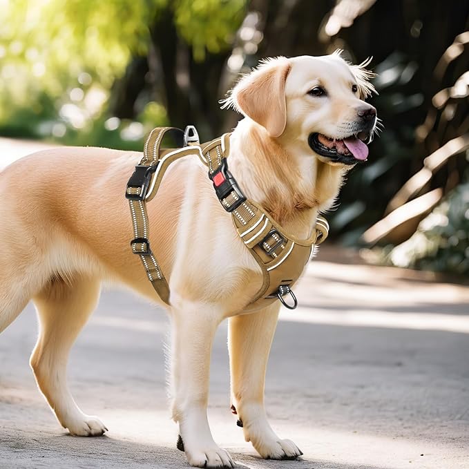 Timos Dog Harness Large Sized, No Pull Pet Harness with Neck Lockable Snap,No Choke Front Clip Dog Reflective Vest,Adjustable Metal Rings 3 Buckles,Easy Control Handle for Large Dogs Khaki XL