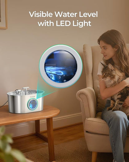 Invengo Cat Water Fountain Stainless Steel: 2.2L/74oz Automatic Pet Water Fountain for Cats & Dogs, Quiet Cat Fountain with 5-Layer Filter, Easy to Clean & Durable Dog Water Fountain