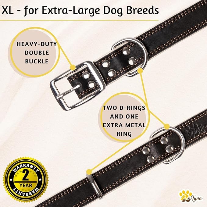 ADITYNA Heavy-Duty Leather Dog Collar for Extra-Large Dogs - Soft Padded for Comfort - Big Black Dog Collar for Walking, Training, and Hiking
