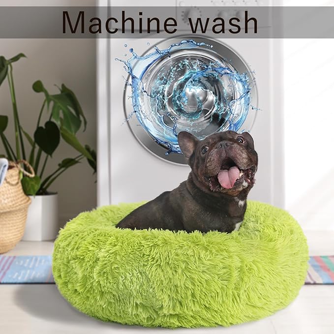 Calming Donut Dogs Beds for Small Dogs Washable,23inch Plush Round Pet Bed for Cozy Sleep,Fluffy Faux Fur Large Cat Bed,Fits up to 25 lbs Pets,Green