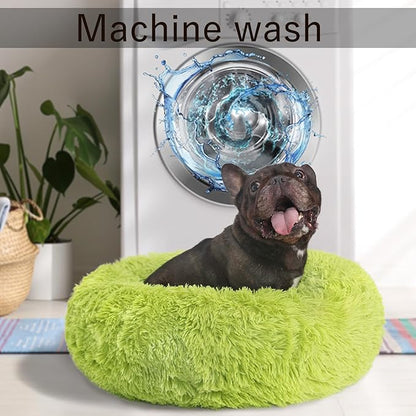 Calming Donut Dogs Beds for Small Dogs Washable,23inch Plush Round Pet Bed for Cozy Sleep,Fluffy Faux Fur Large Cat Bed,Fits up to 25 lbs Pets,Green