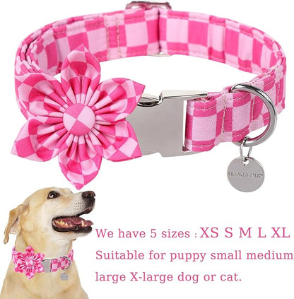 Dog Collar with Flower, UP URARA PUP Cute Pink Dog Bowtie Collar, Detachable Flower Bow Puppy Collar with Metal Buckle for Dogs,XS