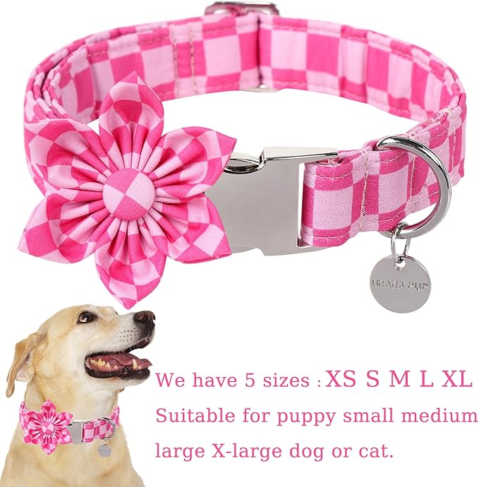 Dog Collar with Flower, UP URARA PUP Cute Pink Dog Bowtie Collar, Detachable Flower Bow Puppy Collar with Metal Buckle for Dogs,XL