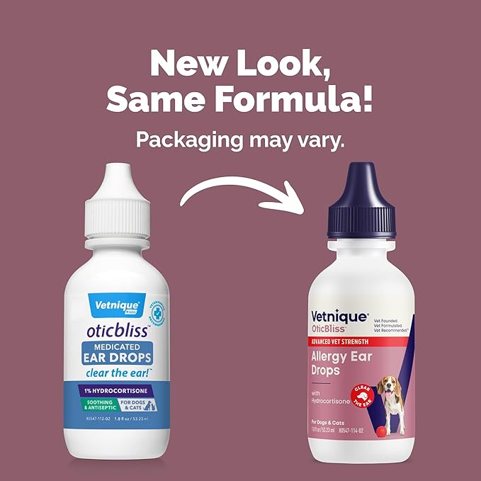Vetnique Oticbliss Medicated Cat & Dog Ear Cleaner Drops - Dog Ear Infection Treatment with 1% Hydrocortisone to Soothe Itching, Redness, & Swelling - Vet Recommended