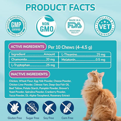 Woyamay Cat Calming Treats, 500 Crunchy & Creamy Calming Chews for Cats, Natural Calming Cat Treats to Manage Stress & Anxiety, Tasty Calm Chews Supplement, Chicken Flavor