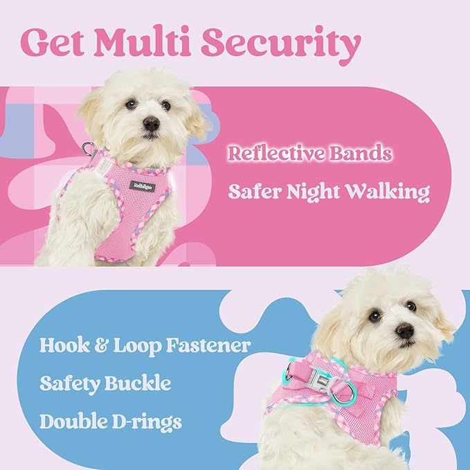 rabbitgoo Small Dog Harness, Step-in Soft Mesh Puppy Vest with Safety Buckle, Breathable Reflective Pet Harness for Small Medium Dogs, Pink & Plaid Trim L