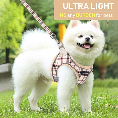 GAMUDA Small Dog Harness Collar and Leash Set, Step in No Chock No Pull Soft Mesh Adjustable Dog Vest Harnesses Plaid Reflective for Dogs Puppy Cats Kitten Rabbit (Beige Red, XXXS)