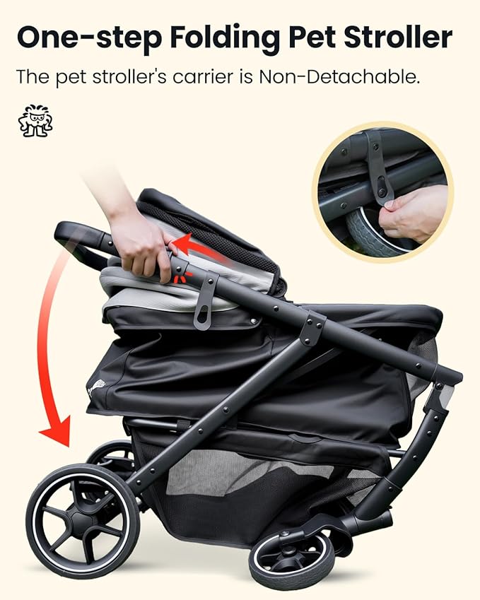 Pawccoli Medium Dog Stroller, Foldable Pet Stroller with Adjustable Handle & No Zip Entry, Storage Basket & Cup Holder, Canopy, Mesh Windows, Ideal for Medium Dogs and Cats Up to 50lbs, Black