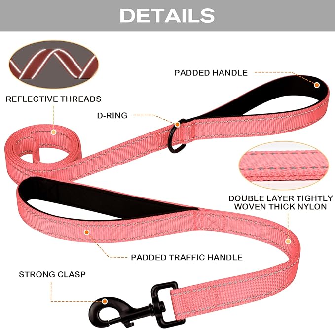 Joytale Dog Leash Heavy Duty for Large Dogs That Pull, Double Handle for Traffic Control, Double-Sided Reflective Leashes for Large Medium Dogs Night Safety, 4FT, Neon Pink