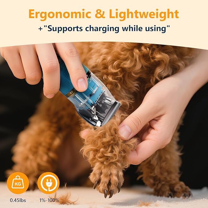 Dog Clippers for Grooming Thick & Matted Hair - Titanium Blade, 50dB Ultra-Quiet, IPX5 Waterproof & Cordless | Patented Click-Lock for Easy Cleaning | Rechargeable Pet Groomer for Dogs, Cats