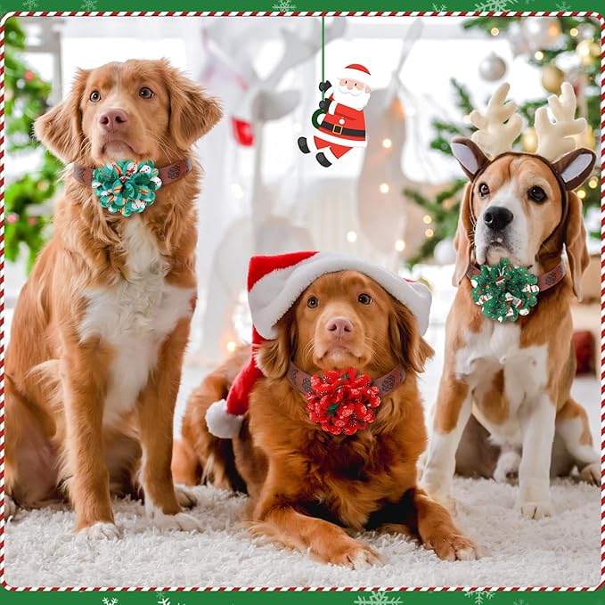 50 Pcs Christmas Dog Collar Flowers Bulk Santa Dog Bow Tie Flower Grooming Charms Accessories for Cat Pets Collar Attachment Embellishment Xmas Party Costume