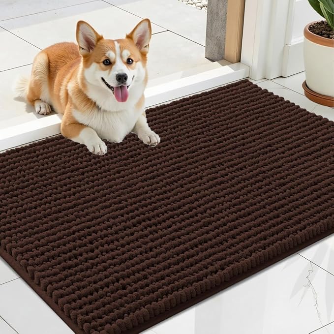 OLANLY Dog Door Mat for Muddy Paws 24x16, Ultra Absorbent Chenille Mud Doormat, Non-Slip Washable and Dirt Trapping Doormat for Indoor Entryway, Quick-Dry Indoor Pet Bed Mats for Dogs, Brown