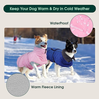 Kuoser Dog Winter Coat Waterproof Dog Snow Jacket, Warm Fleece Lined Pet Turtleneck Snowsuit Puppy Cold Weather Coats with Harness Hole, Adjustable Winter Vest for Medium Large Dogs, Pink, L