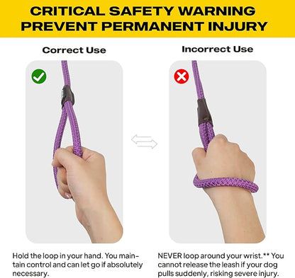 Fida Durable Slip Lead, 6 FT x 1/2" Heavy Duty Rope Leash for Large, Medium Dogs, No Pull Pet Training Leash with Highly Reflective, Purple