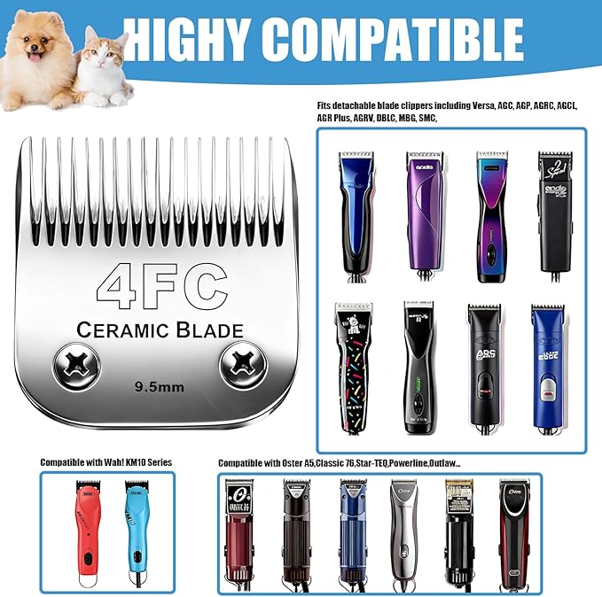 Dog Grooming Replacement Blades Compatible with Andis Dog Clipper, Dog Clipper Blades Compatible with Oster A5,Wahl KM-10 Series Dog Clipper, 4FC Blades (9.5mm)
