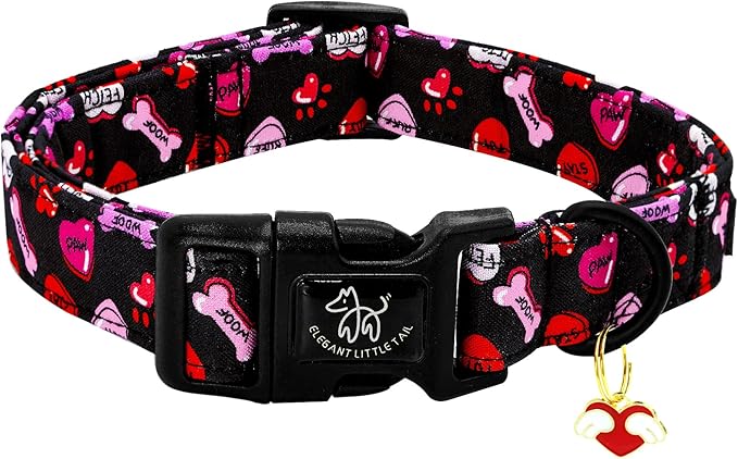 Elegant little tail Dog Collar, Red Heart Dog Collars Female or Male Adjustable Cotton Pet Collar with Quick Release Buckle for Small Medium Large Dogs