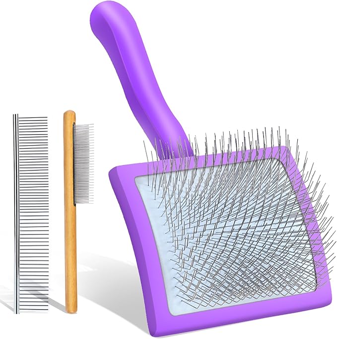 Slicker Brush for Dogs,Dog Grooming Supplies Long Pin Large Doodle Brush for Goldendoodles Poodles Bernedoodles, 3 Pcs Grooming Tools with Wooden Handle for Mats Tangles - Purple
