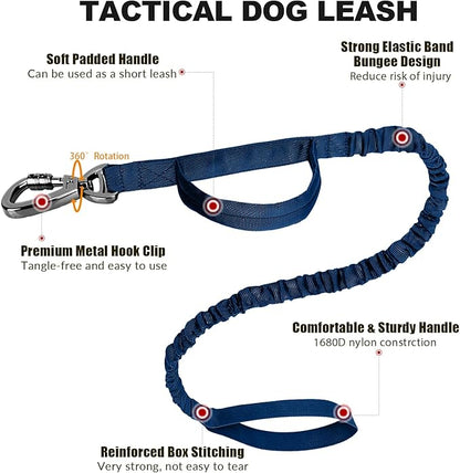 Tactical Dog Collar and Bungee Leash,Military Dog Collar & Leash Set with USA American Flag Adjustable K9 Collar with Heavy Duty Metal Buckle & Handle,with Patches and Airtags Case (Blue, M)