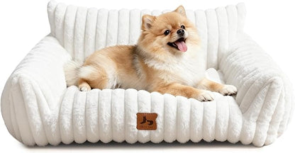Warmrest Cat Couch for Pets, Cute Small Dog Couch Bed with Cozy Soft Faux Rabbit Fur for Small Dogs, Fuzzy Dog Couch for Indoor Cats, Supportive Pet Sofa with Removable Washable Cover, Cream, 30"