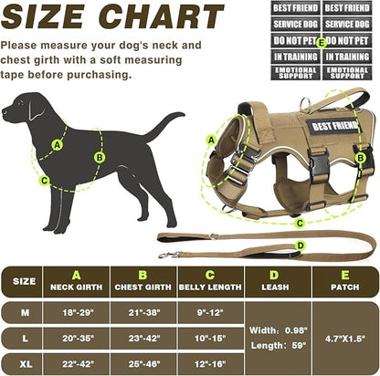 Service Dog Vest and Leash Set,Heavy Duty Tactical Dog Harness with Metal Buckles for Large Dogs,Adjustable No-Pull Dog Harness with 10 Patches,for Training Working,Brown XL