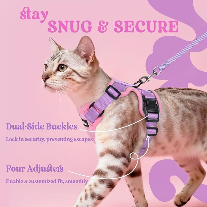 rabbitgoo Cat Harness and Leash for Walking, Escape Proof Soft Adjustable Vest Harnesses for Cats, Easy Control Breathable Reflective Strips Jacket, Pink & Purple, XS