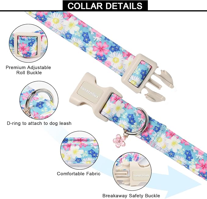 Lionet Paws Floral Dog Collar- Cute Spring Wildflowers Daisy Forget Me Not Dog Collars with Plastic Buckle,Light Adjustable Dog Collars for Medium Large Dogs