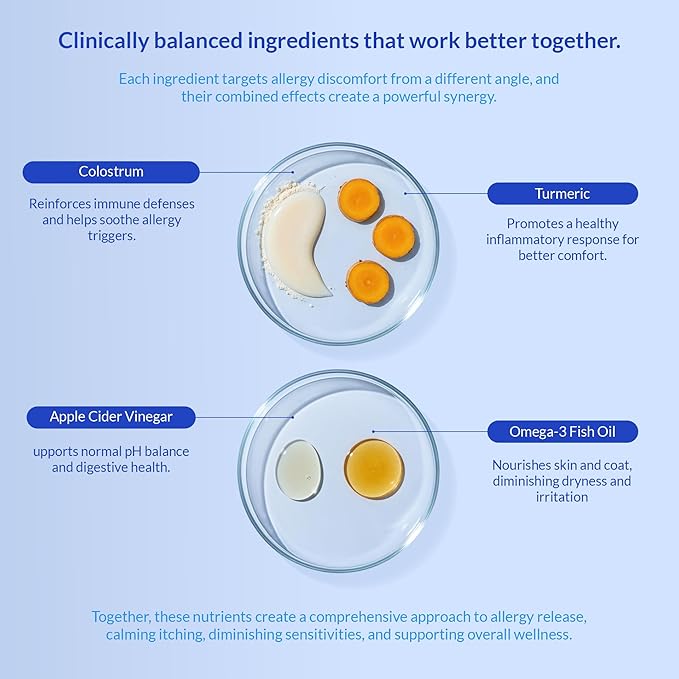 Allergy Support for Dogs - 120 Chewable Tablets - with Vitamin C, Omega 3 and Colostrum - Itch Relief, Allergy Relief for Dogs, Skin Soother - with Probiotics for Immune System Health
