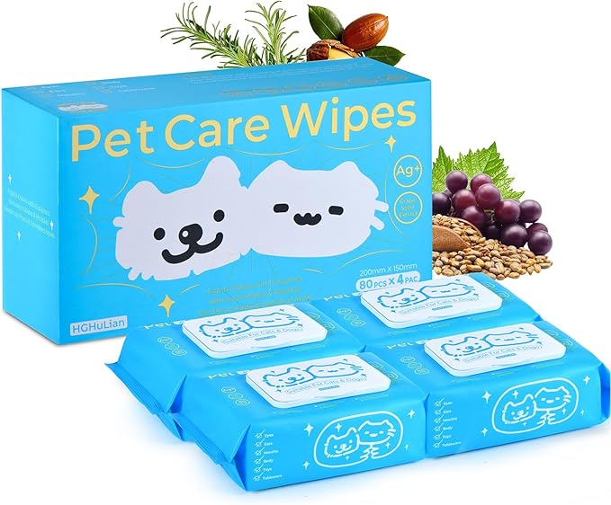 HGHULIAN Dog Wipes Bulk 4 Pack 320 Count Unscented with Enzymes to Eliminate Odors Paw Wipes for Muddy Feet Tear Stain Wipes for Eye Gunk Gentle Hypoallergenic for Sensitive Skin