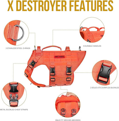 OneTigris Large Tactical Dog Harness, No Pulling Adjustable Dog Vest Harness, Heavy Duty Dog Harness with Handle, Large Hook and Loop Panels for Patch(Orange,M)