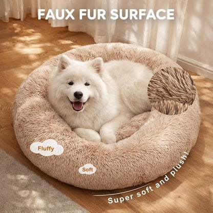 Dog & Cat Bed for Indoor Cats, 30in Calming Donut Pillow mat for Puppy and Kitten, Washable Cooling Round Fluffy Pet Nest for Small Medium Dogs and Cats, Brown