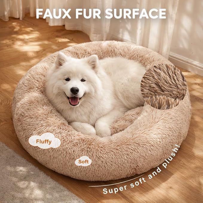 Dog & Cat Bed for Indoor Cats, 37in Calming Donut Pillow mat for Puppy and Kitten, Washable Cooling Round Fluffy Pet Nest for Small Medium Dogs and Cats, Brown