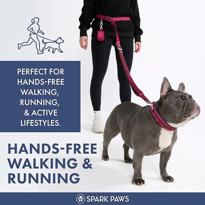 Spark Paws Handsfree Dog Leash – Shock Absorbing Waist Bungee Lead for Running, Car Seatbelt Clip & Poop Bag Set, Heavy Duty Tactical Lead for Medium, Large & X-Large Breeds - Fuchsia Camo
