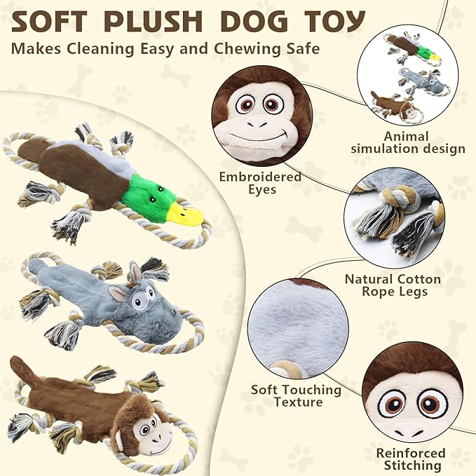 3 Pack No Stuffing Squeaky Dog Toys,Tug of War Dog Toy with Pull Rope, Interactive Dog Toys Dog Gifts for Small,Medium Dog