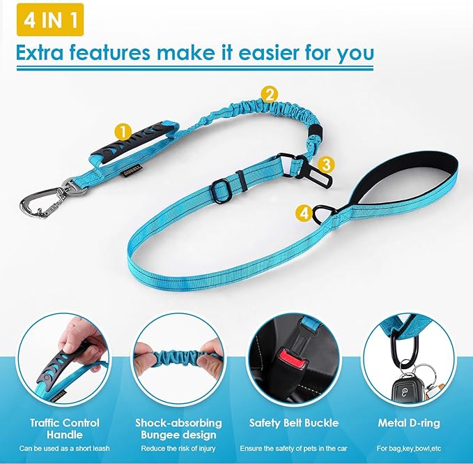 AUBELL Tactical Dog Leash Heavy Duty,4-6ft Reflective Strong No Pull Bungee Leash for Medium Large Dogs with Comfortable Padded Double Handle,Car Seat Belt,360 Degree Rotating Carabiner,Blue
