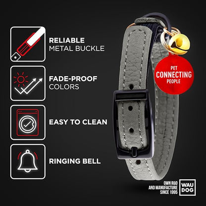 Leather Cat Collar with Bell and Safety Elastic Strap Breakaway Alternative for Small & Large Kittens, Stylish Pet Leather Collar for Boy, Girl Cats with Metal Buckle & QR ID Tag (Gray)