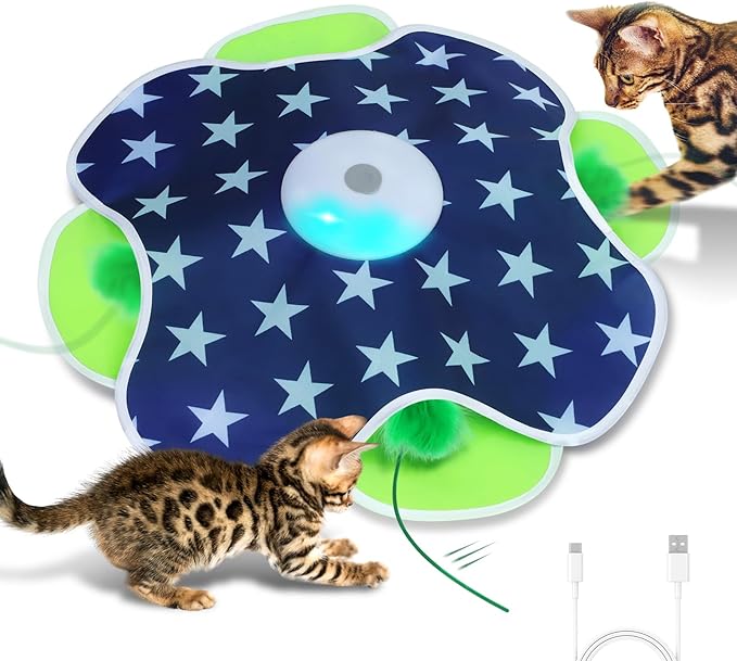 Saolife Interactive Cat Toys with Moving Feather Concealed in Mat, Motion Activated, Mouse Squeaky, Rechargeable Cat Exercise Toys for Bored Cats