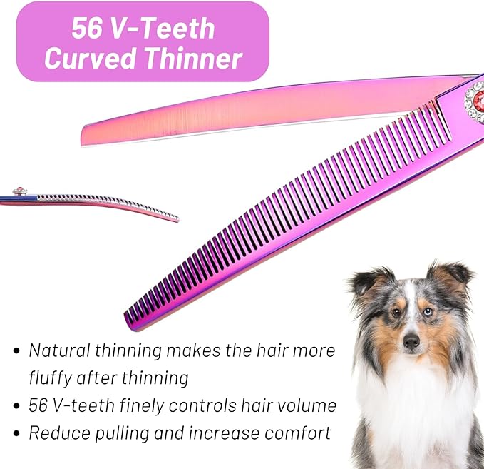 7.5in 25 Degree Curved Scissors for Dog Grooming Chunkers, Professional Dog Grooming Scissors Blender, VG10 Steel Sharp Blades, 56 Teeth High-end Pet Thinning Shears for Dogs Cats, 25% Thinning Rate
