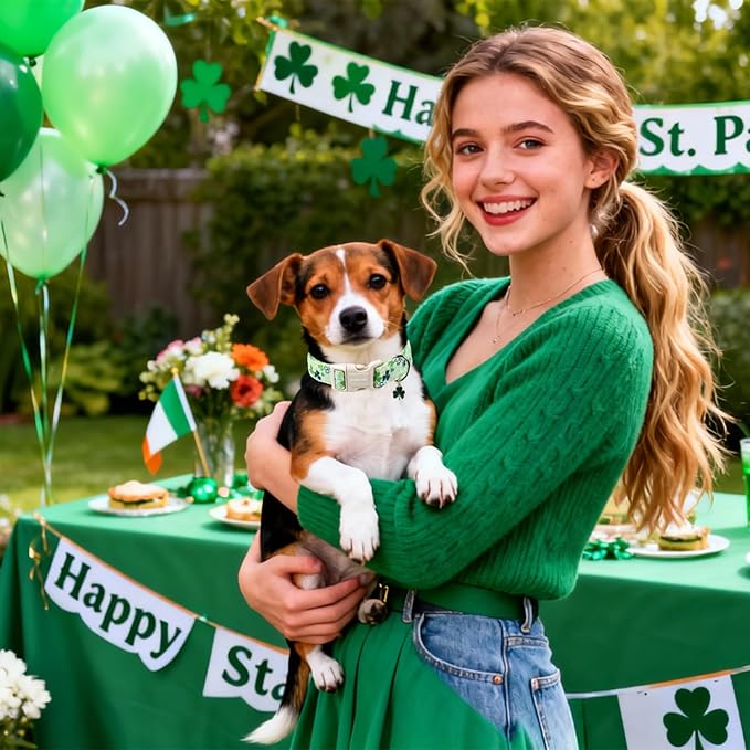 DOGWONG St Patrick's Day Dog Collar-Cute Green Clovers Dog Collars, Adjustable Shamrock Pet Collars Trefoil Puppy Collar with Quick Release Buckle for Girl&Boy Dogs