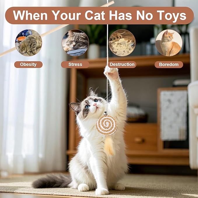 Goosheep 15.8inch 3Pack Interactive Cat Wand Toy for Indoor Cats Teases for Bored Indoor Adult Cats to Chase and Exercise Solid Wood Bell Ball