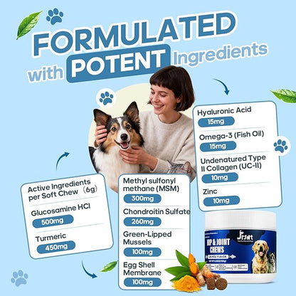 Dog Hip and Joint Supplement – Glucosamine Chondroitin Turmeric MSM Omega 3 – Dog Joint Supplement & Mobility Support for Large Breed, Senior & Active Dogs and Cats
