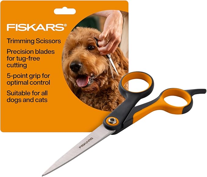 Fiskars Pet, Dog & Cat Grooming Scissors, Precision Stainless Steel Blades & SoftGrip Handle, Cat and Dog Supplies, Orange/Black, Trimming Scissors