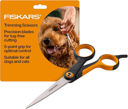 Fiskars Pet, Dog & Cat Grooming Scissors, Precision Stainless Steel Blades & SoftGrip Handle, Cat and Dog Supplies, Orange/Black, Trimming Scissors